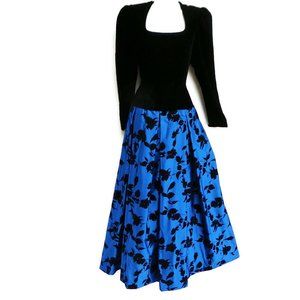 Vintage 80s VeLVeT Satin Gown Adele Simpson Black Royal Blue Full Skirt Puff M